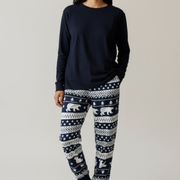 George Other - Women's Navy Blue/White Pajama 2 Piece Set-Pants M-Top S-Elastic Waist-Cuff Hem